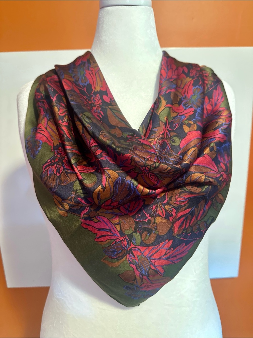 Vintage 1989 Ginnie Johansen 100% Silk Scarf Olive & Fuchsia Floral 34”